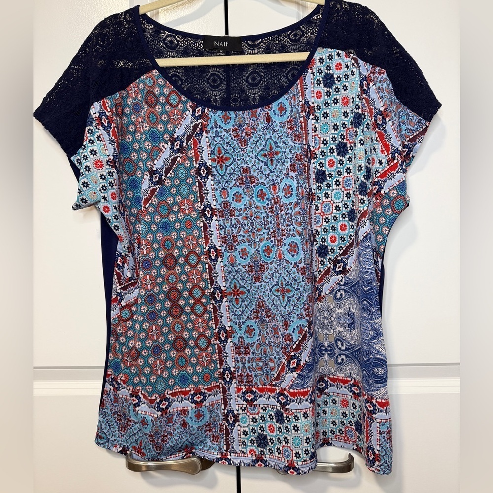 NAÏF Patchwork Boho Short Sleeve Top Lace Yoke Navy Blue Plus 1X